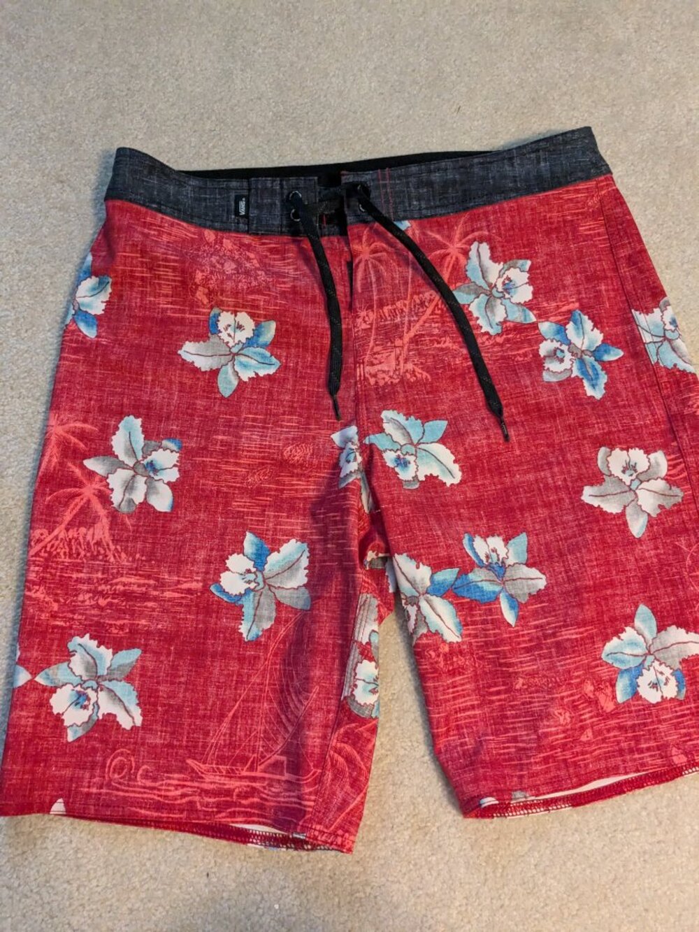Vans Boardshorts Red Heather Hawaiian Print Surf Swim Trunks Mens 30-31